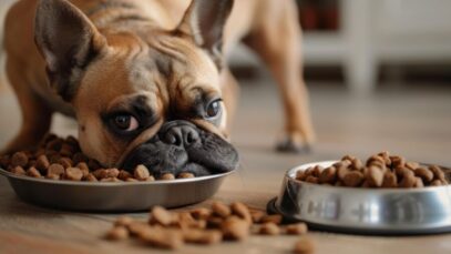 French bulldog enjoying a meal from a metal bowl PRODUÇÃO DE RAÇÃO NO BRASIL