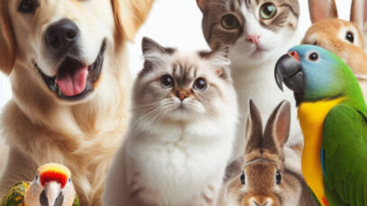 group-pets-standing-each-other-row-white-background animais