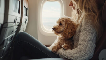 um-cachorro-pequeno-em-um-carregador-em-um-assento-de-aviao-ao-lado-da-janela-viajando-com-um-cachorro-em-um-aviao STJ rejeita transporte de animais de suporte emocional