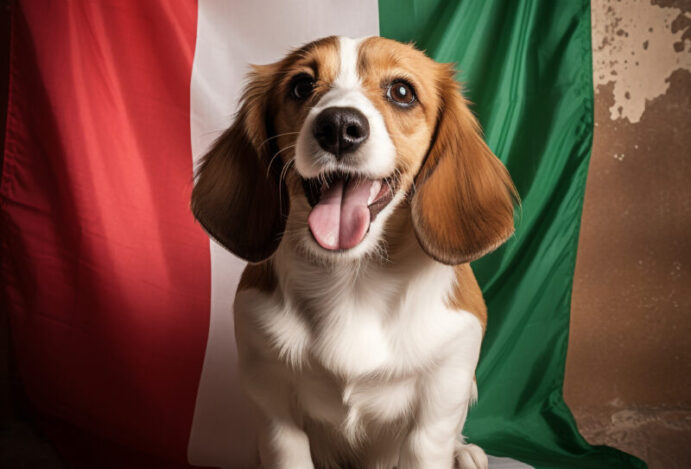 um-cao-com-uma-bandeira-verde-e-branca-atras-dele-buon-ferragostos-fundo