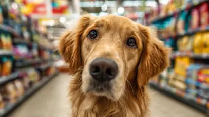 Cachorro olhando para câmera em loja de produtos pet com fundo desfocado