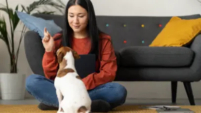 Mulher cuidando de cachorro