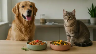 Cachorro e gato em mesa com pote de ração